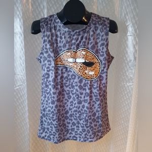 Leopard Lips Graphic Tee, Leopard Print Tank Top Casual Sleeveless Top S…